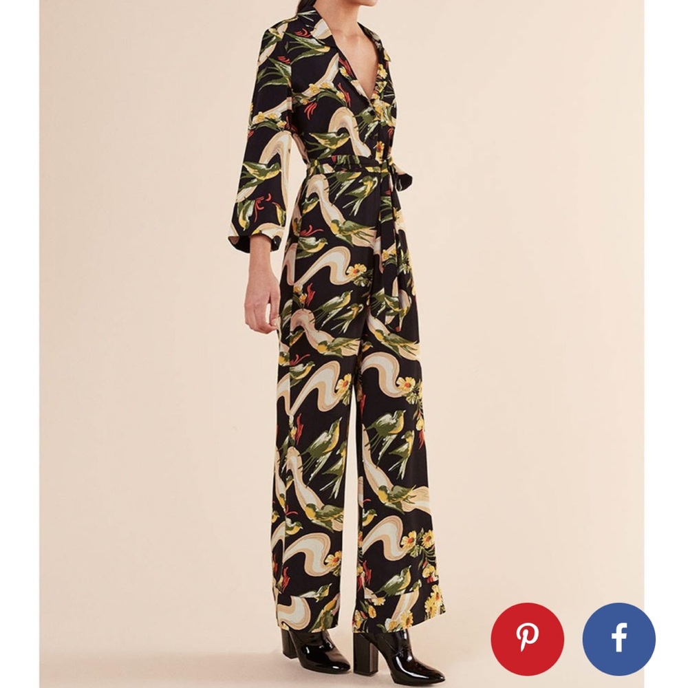 Reformation black long sleeve jumpsuit tropical birds size 0
